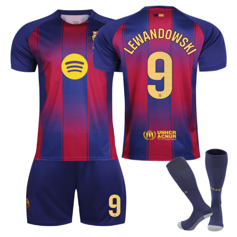 Beakey Barcelona Home LEWANDOWSKI #9 Soccer Jersey 3 Pcs Outfits for Kids Adult