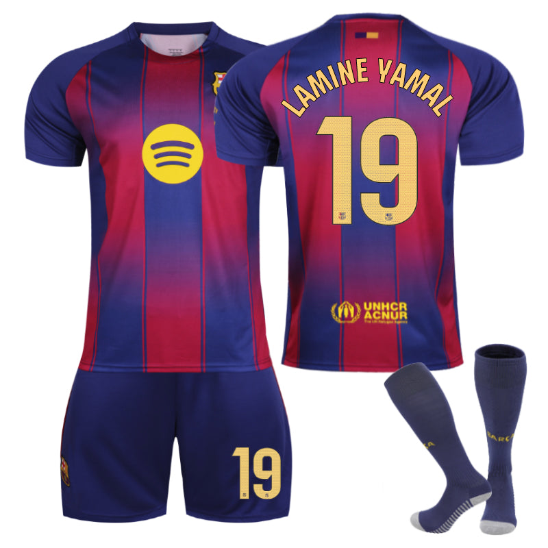 Beakey Barcelona Home LAMINE YAMAL #19 Soccer Jersey 3 Pcs Outfits for Kids Adult