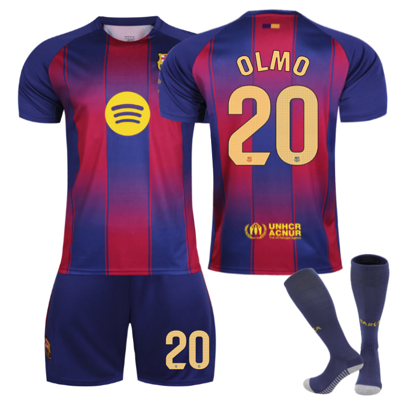 Beakey Barcelona Home OLMO #20 Soccer Jersey 3 Pcs Outfits for Kids Adult