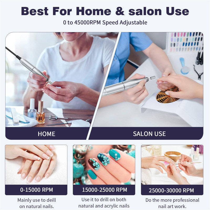 Beakey 45000 RPM Cordless Nail Drill Kit Rechargeable for Acrylic Gel Nails-Purple