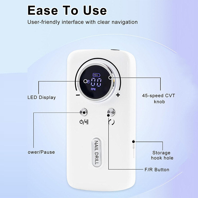 Beakey Cordless Electric Nail Drill Kit Portable Low Noise Nail File for Acrylic Gel Nails-White