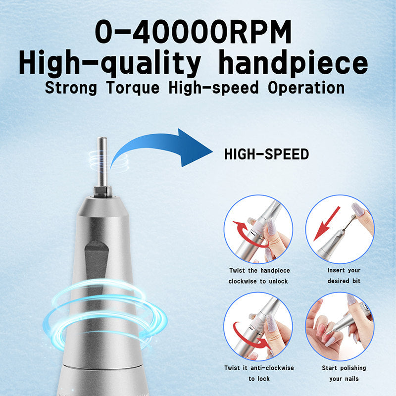 Beakey Electric Nail Drill 40000RPM Rechargeable Nail File Machine with Drill Bits Kit Home Nail Salon Use-White