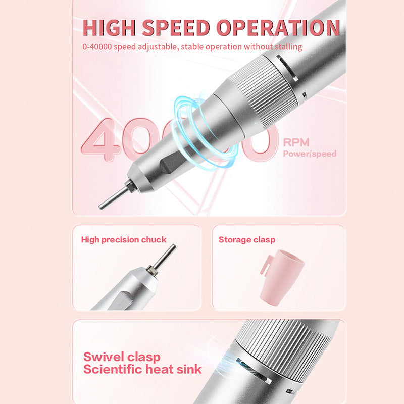 Beakey Electric Nail Drill 40000RPM Rechargeable Nail File Machine with Drill Bits Kit Home Nail Salon Use-Pink