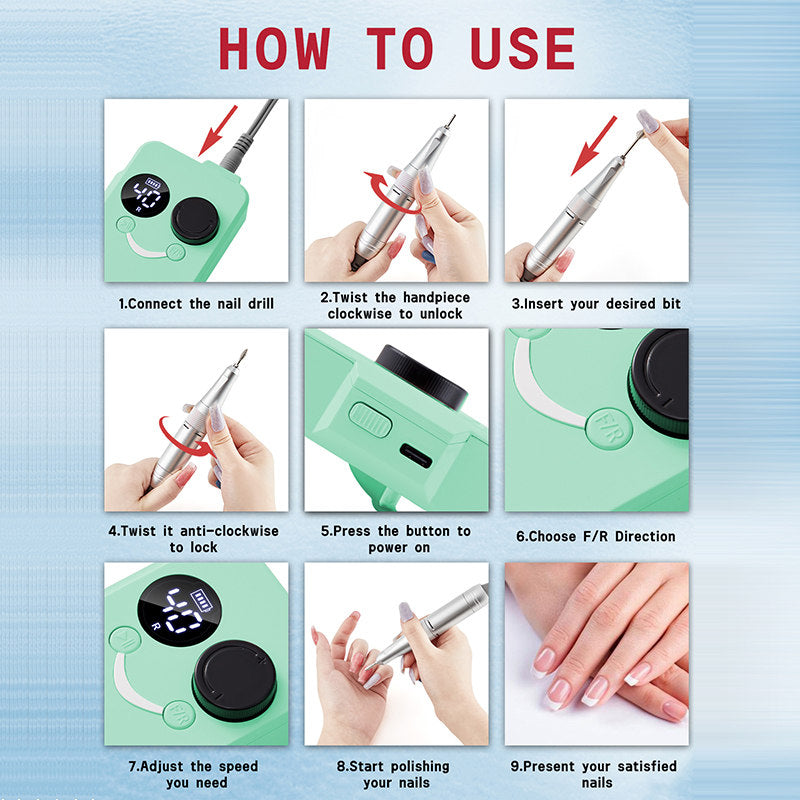 Beakey Electric Nail Drill 40000RPM Rechargeable Nail File Machine with Drill Bits Kit Home Nail Salon Use-Green