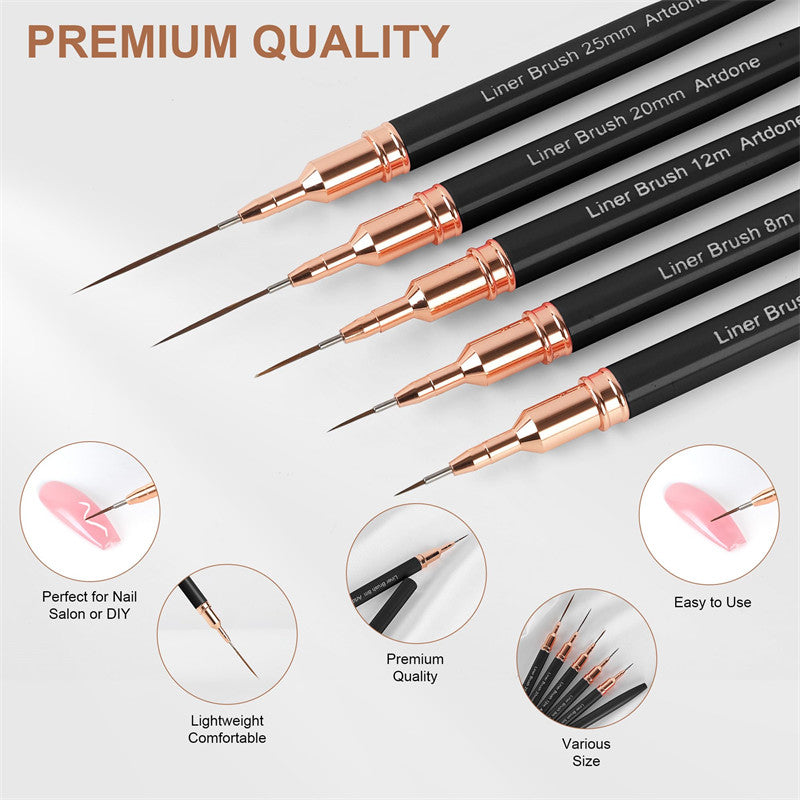 Beakey 5Pcs Metallic Nail Art Pens Set 4/8/12/20/25mm Liner Brushes Nail Art Detail Painting Tool-Black