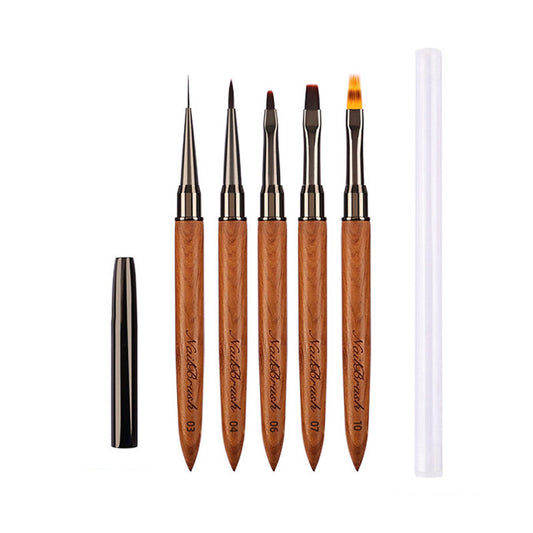 Beakey 5PCS Nail Brush Set Sandalwood Handle with Non-Rusting Vacuum Tube for Drawing Painting Sculpting