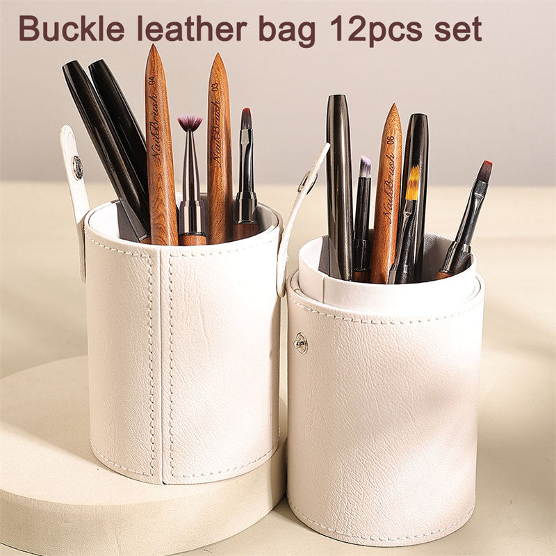 Beakey 12PCS Nail Brush Set with Snap-on Leather Bucket for Drawing Painting Sculpting