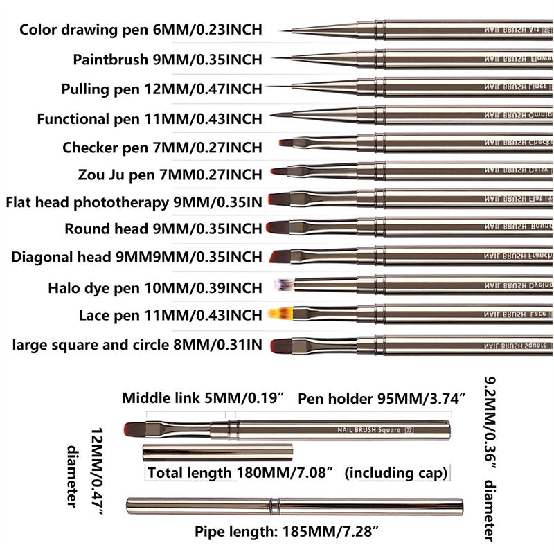 Beakey 12Pcs Nail Art Brushes Set Metal Handle with Snap-on Leather Bucket for Salon Home Use