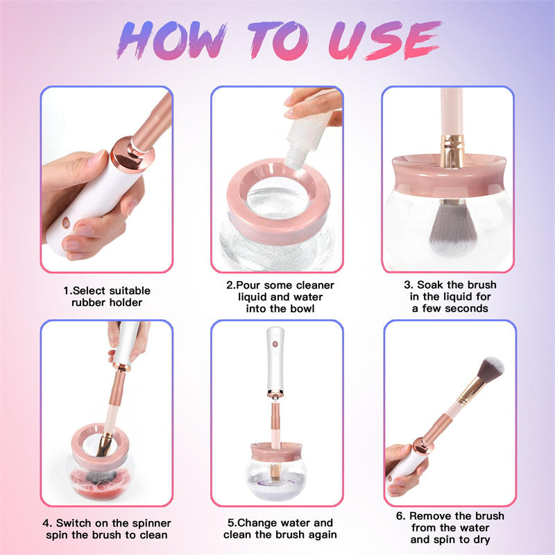 Beakey Makeup Brush Cleaner Electric Cosmetic Automatic Brush Spinner with 8 Size Rubber Collars-Pink