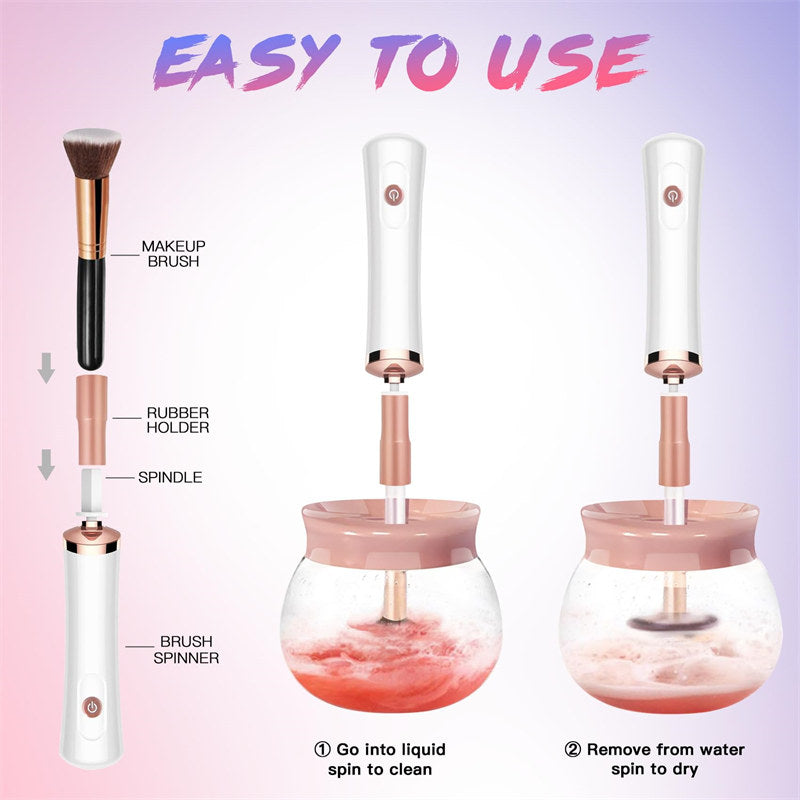 Beakey Makeup Brush Cleaner Electric Cosmetic Automatic Brush Spinner with 8 Size Rubber Collars-Pink