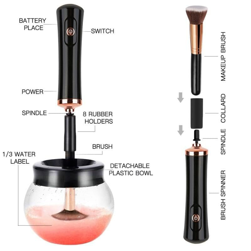 Beakey Makeup Brush Cleaner Electric Cosmetic Automatic Brush Spinner with 8 Size Rubber Collars-Black