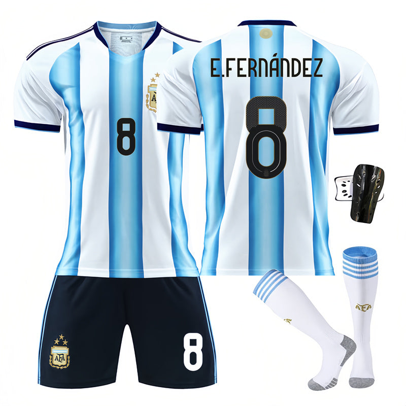 Beakey Argentina Home Jersey E FERNANDEZ #8 Soccer Jersey Kids Adult 4Pcs Kits