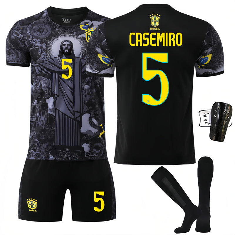 Beakey Brazil Commemoration Black CASEMIRO #5 Soccer Jersey Kids Adult 4Pcs Jersey Kits
