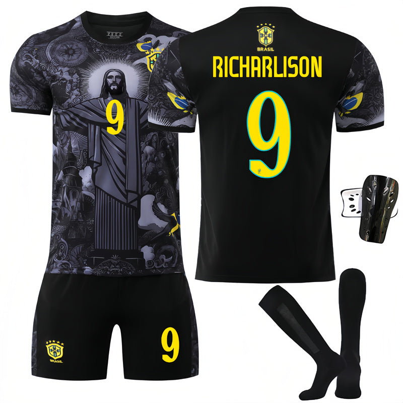 Beakey Brazil Commemoration Black RICHARLISON #9 Soccer Jersey Kids Adult 4Pcs Jersey Kits