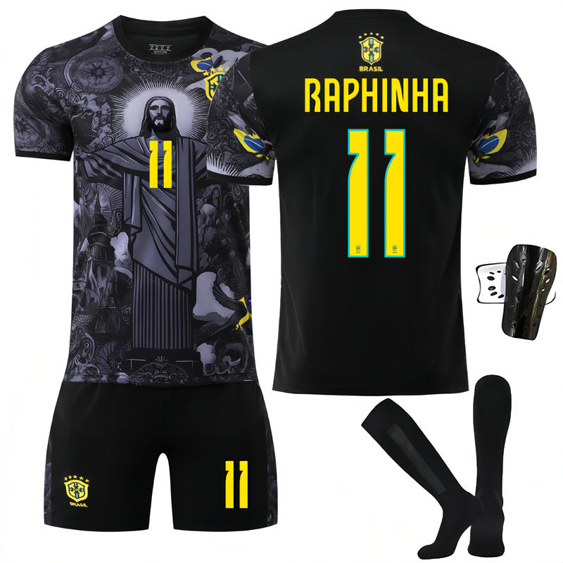 Beakey Brazil Commemoration Black RAPHINHA #11 Soccer Jersey Kids Adult 4Pcs Jersey Kits