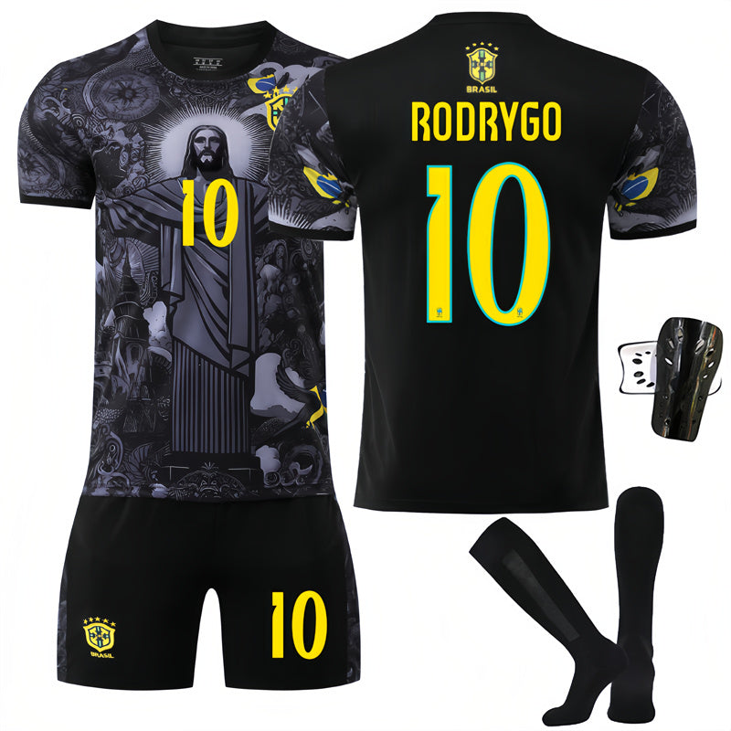Beakey Brazil Commemoration Black RODRYGO #10 Soccer Jersey Kids Adult 4Pcs Jersey Kits