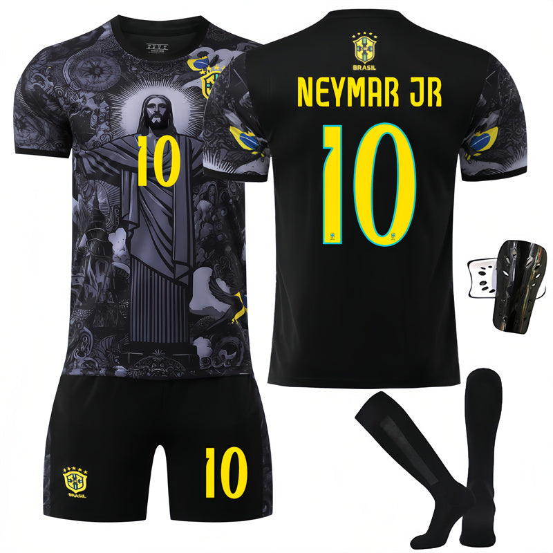 Beakey Brazil Commemoration Black NEYMAR JR #10 Soccer Jersey Kids Adult 4Pcs Jersey Kits