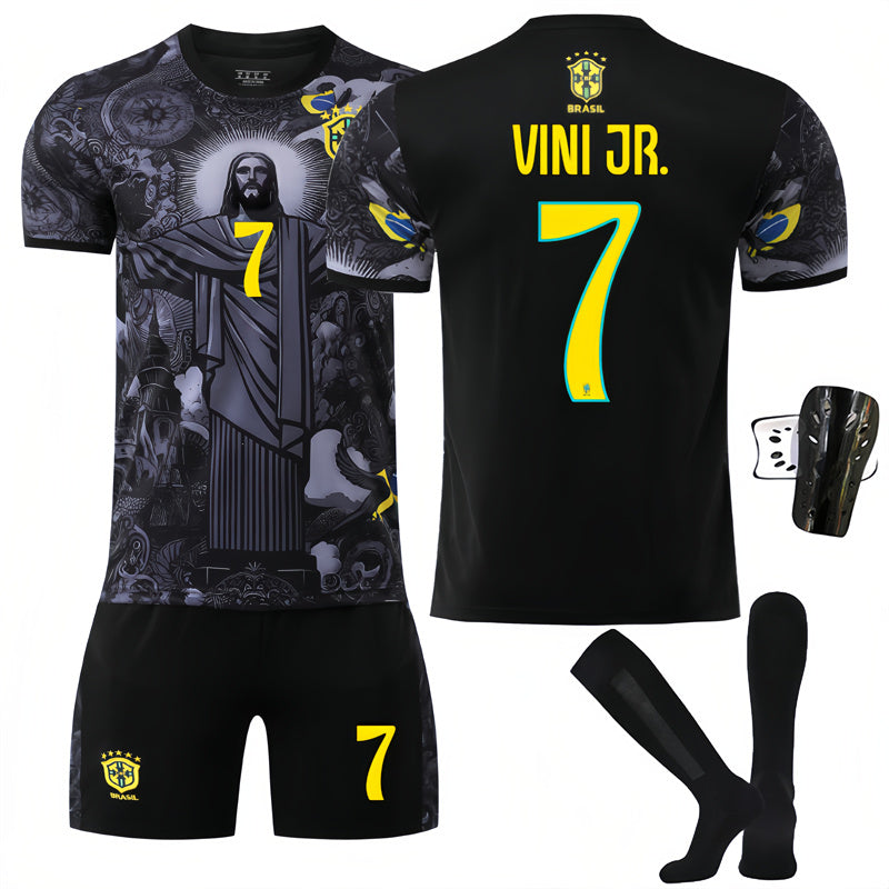 Beakey Brazil Commemoration Black VINI JR #7 Soccer Jersey Kids Adult 4Pcs Jersey Kits