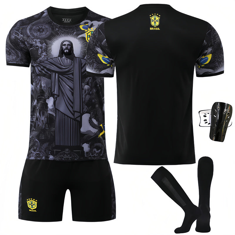 Beakey Brazil Commemoration Black Soccer Jersey Kids Adult 4Pcs Jersey Kits