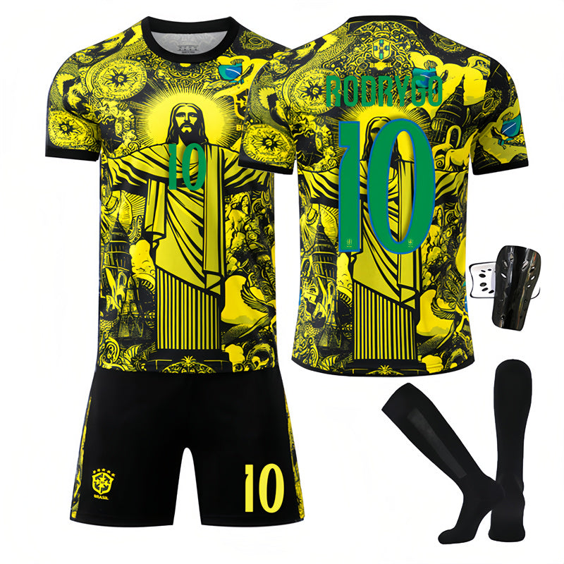 Beakey Brazil Commemoration Yellow RODRYGO #10 Soccer Jersey Kids Adult 4Pcs Jersey Kits