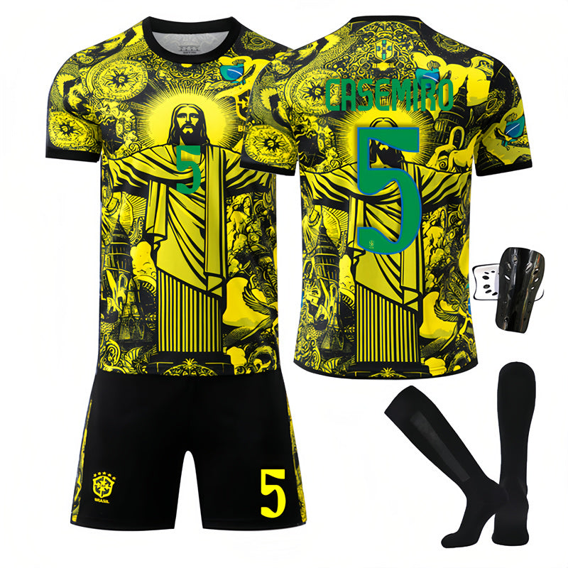 Beakey Brazil Commemoration Yellow CASEMIRO #5 Soccer Jersey Kids Adult 4Pcs Jersey Kits