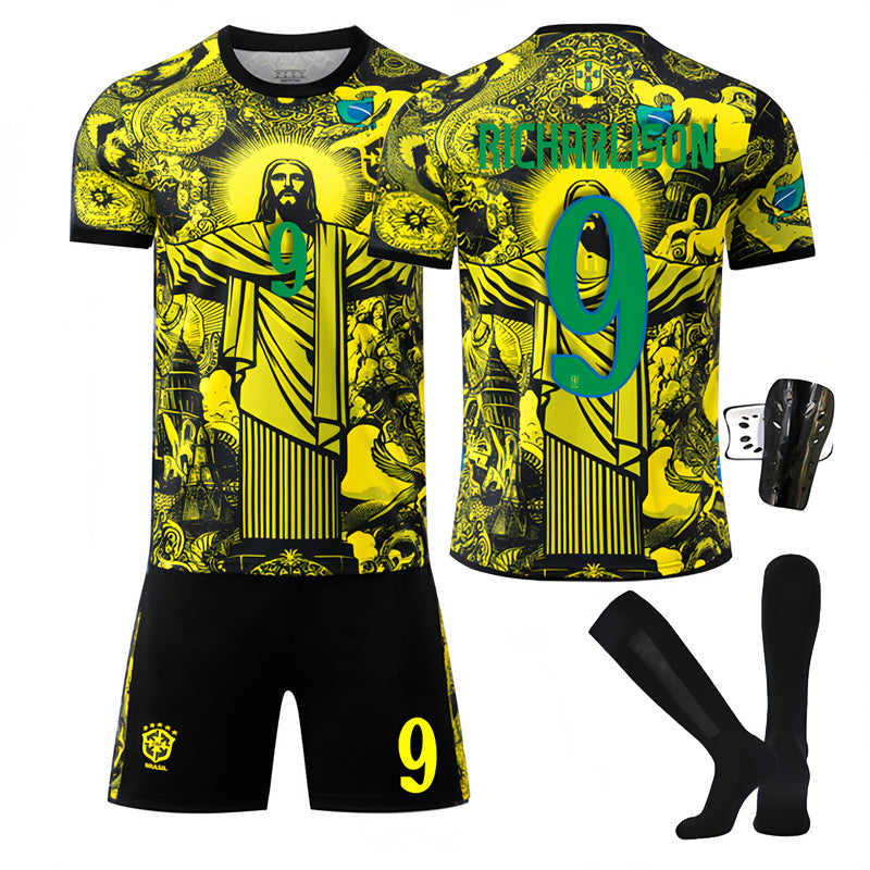 Beakey Brazil Commemoration Yellow RICHARLISON #9 Soccer Jersey Kids Adult 4Pcs Jersey Kits