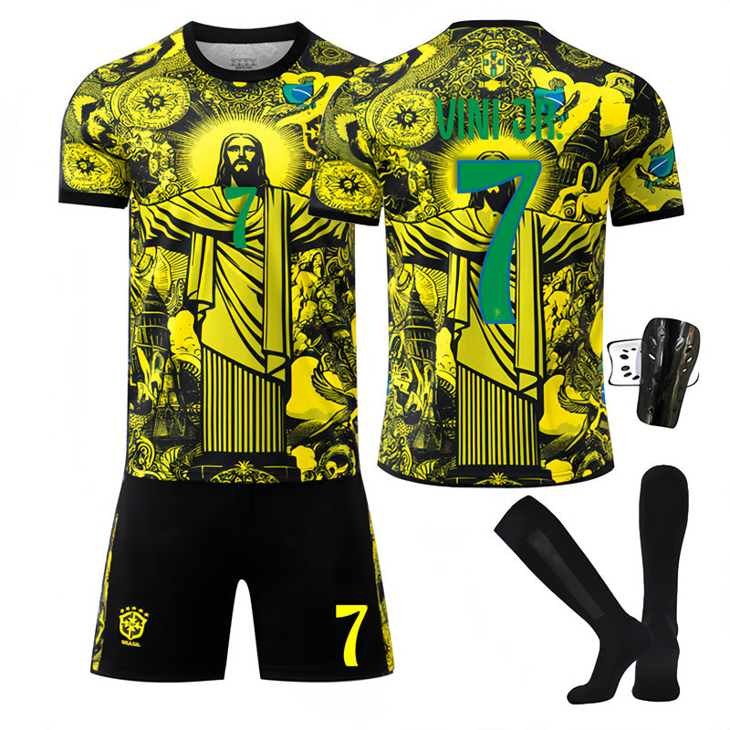 Beakey Brazil Commemoration Yellow VINI JR #7 Soccer Jersey Kids Adult 4Pcs Jersey Kits