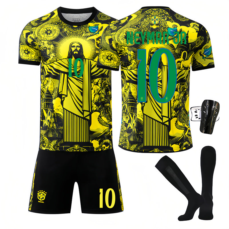 Beakey Brazil Commemoration Yellow NEYMAR JR #10 Soccer Jersey Kids Adult 4Pcs Jersey Kits