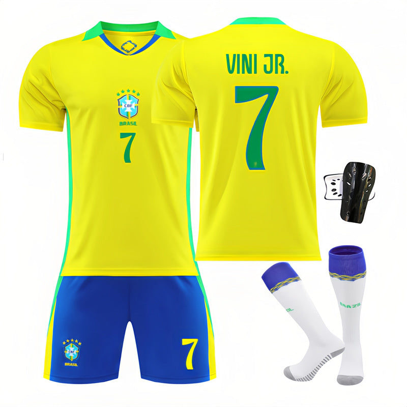 Beakey Brazil Home VINI JR #7 Soccer Jersey Kids Adult 4Pcs Jersey Kits
