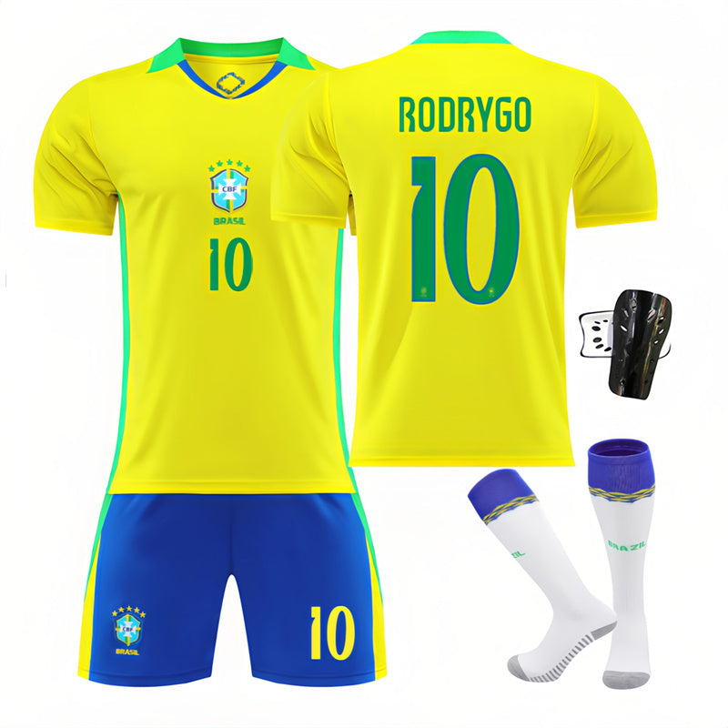 Beakey Brazil Home RODRYGO #10 Soccer Jersey Kids Adult 4Pcs Jersey Kits