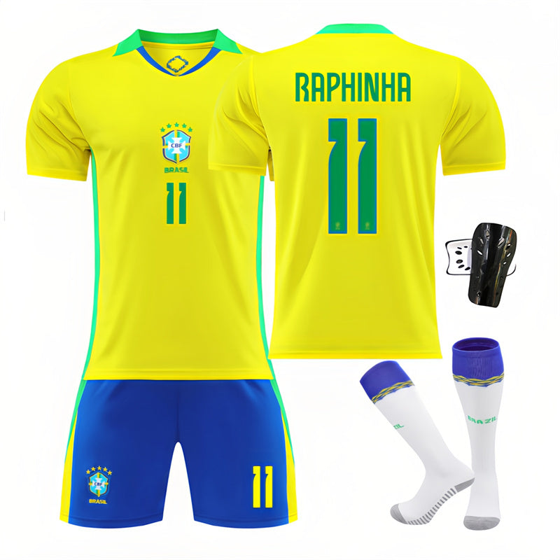 Beakey Brazil Home RAPHINHA #11 Soccer Jersey Kids Adult 4Pcs Jersey Kits