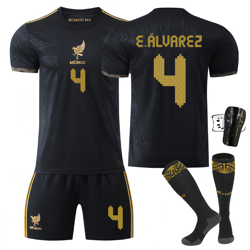 Beakey Mexico Golden Cup Black E ALUAREZ #4 Soccer Jersey Kids Adult 4Pcs Jersey Kits