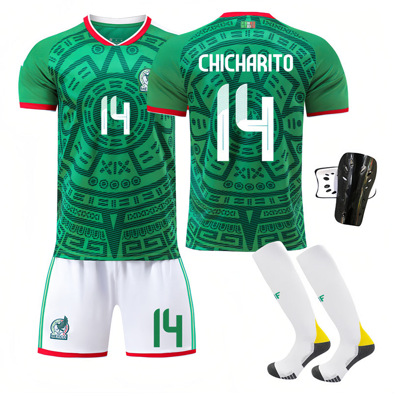 Beakey Mexico Home Jersey CHICHARITO #14 Soccer Jersey Kids Adult 4Pcs Jersey Kits
