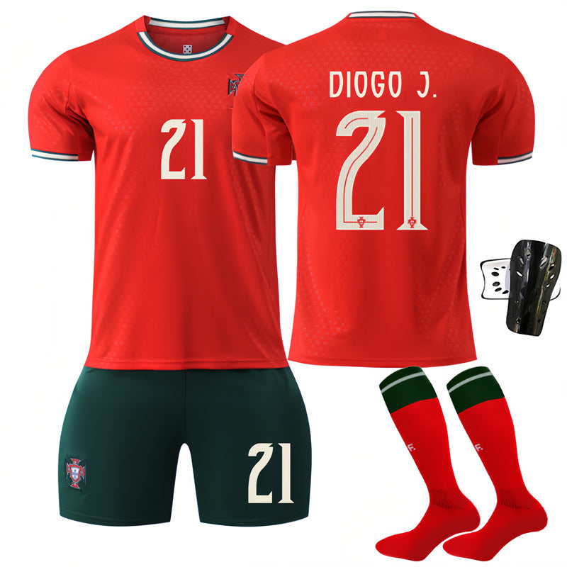 Beakey Portugal Home Jersey DIOGO J #21 Soccer Jersey Kids Adult 4Pcs Jersey Kits