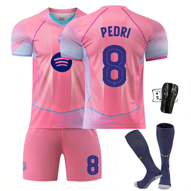 Beakey Barca UEFA Champions League Pink Jersey PEDRI #8 Soccer Jersey Kids Adult 4Pcs Jersey Kits