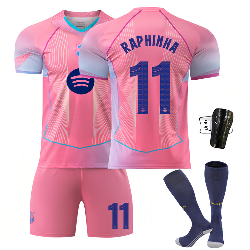 Beakey Barca UEFA Champions League Pink Jersey RAPHINHA #11 Soccer Jersey Kids Adult 4Pcs Jersey Kits