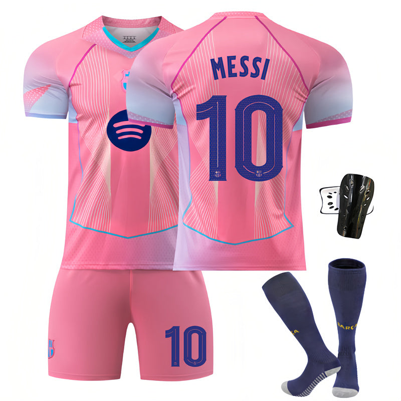 Beakey Barca UEFA Champions League Pink Jersey MESSI #10 Soccer Jersey Kids Adult 4Pcs Jersey Kits