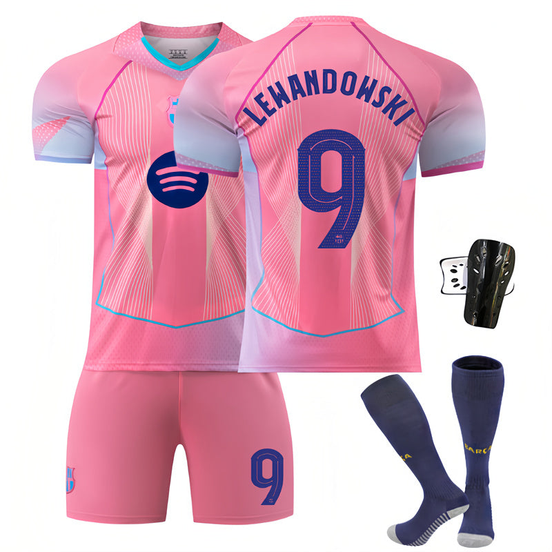 Beakey Barca UEFA Champions League Pink Jersey LEWANDOWSKI #9 Soccer Jersey Kids Adult 4Pcs Jersey Kits