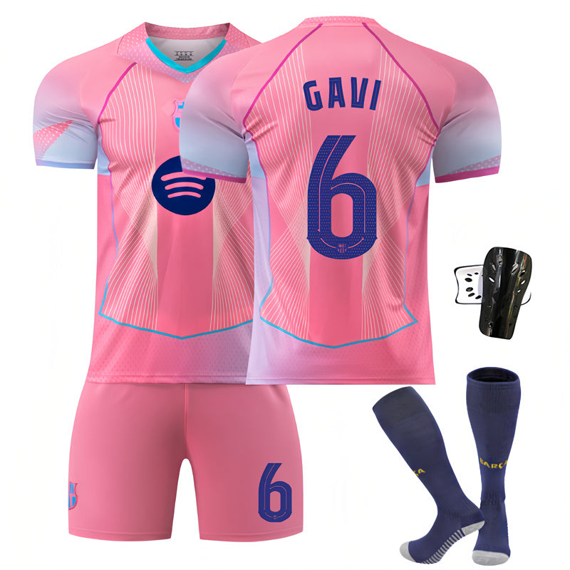 Beakey Barca UEFA Champions League Pink Jersey GAVI #6 Soccer Jersey Kids Adult 4Pcs Jersey Kits