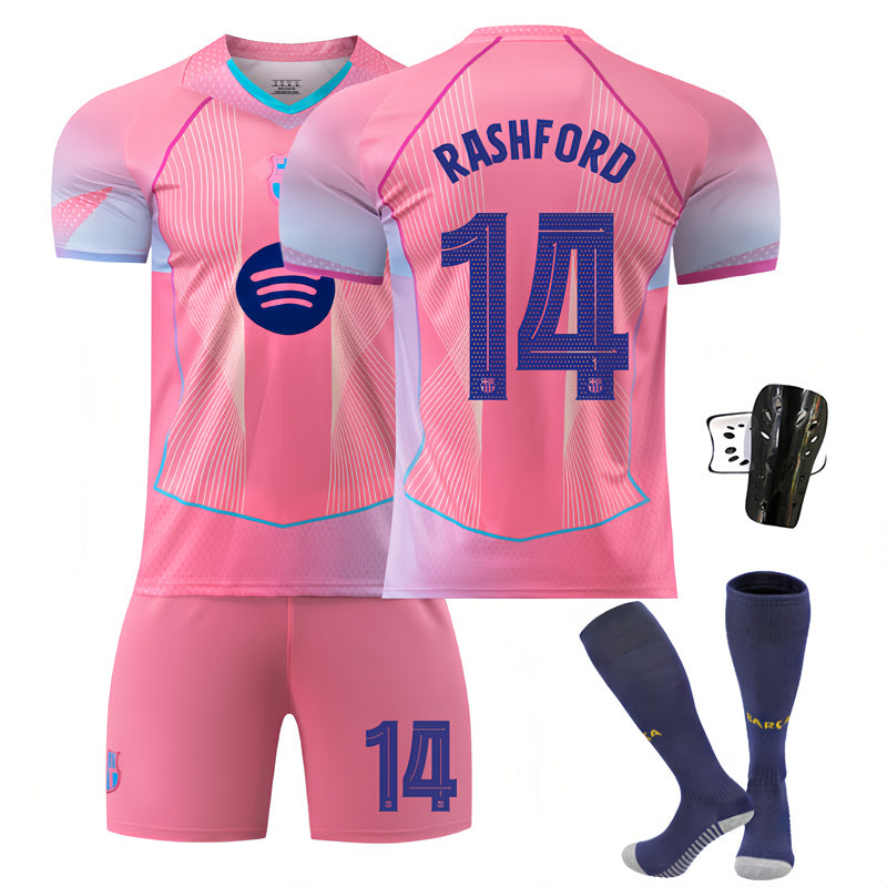Beakey Barca UEFA Champions League Pink Jersey RASHFORD #14 Soccer Jersey Kids Adult 4Pcs Jersey Kits
