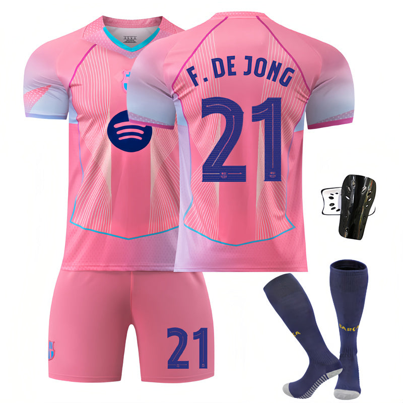 Beakey Barca UEFA Champions League Pink Jersey F DE JONG #21 Soccer Jersey Kids Adult 4Pcs Jersey Kits