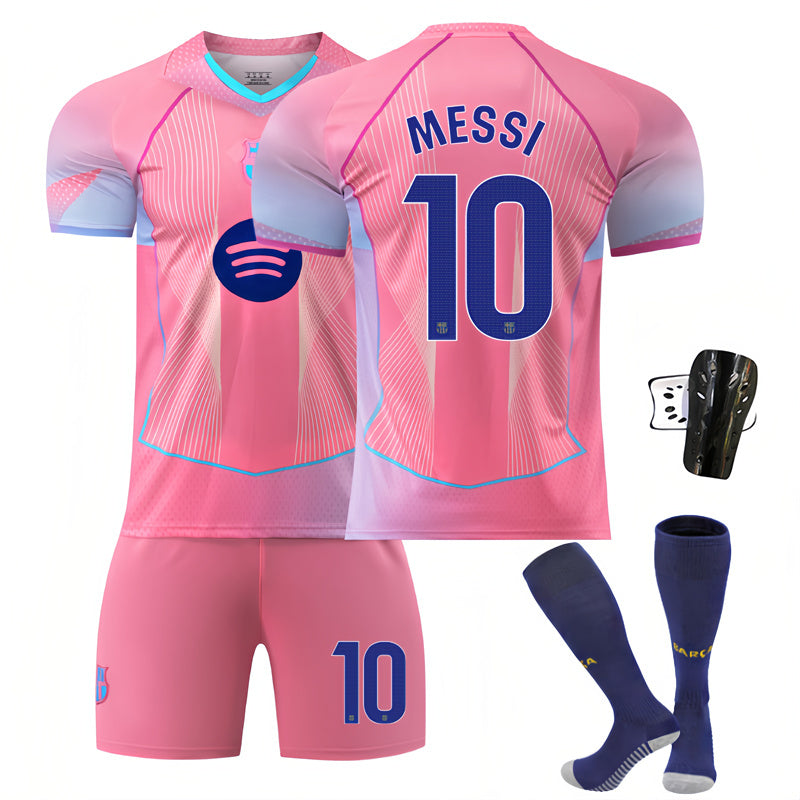Beakey Barca LaLiga Pink Jersey MESSI #10 Soccer Jersey Kids Adult 4Pcs Jersey Kits