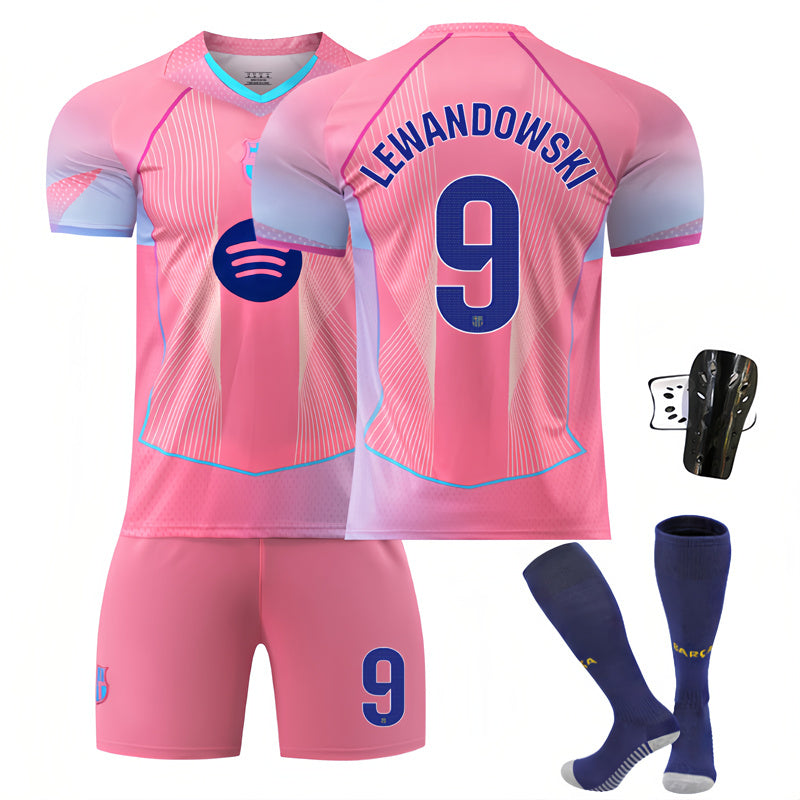 Beakey Barca LaLiga Pink Jersey LEWANDOWSKI #9 Soccer Jersey Kids Adult 4Pcs Jersey Kits