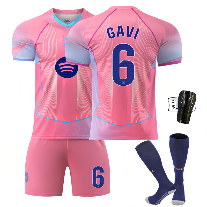 Beakey Barca LaLiga Pink Jersey GAVI #6 Soccer Jersey Kids Adult 4Pcs Jersey Kits