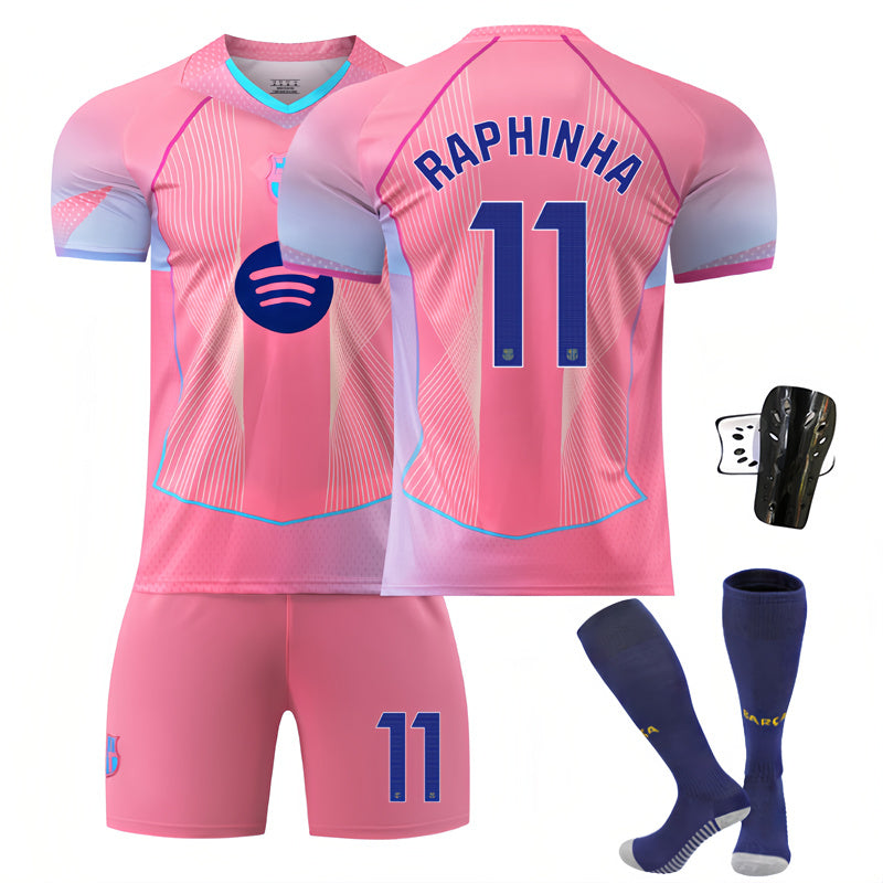Beakey Barca LaLiga Pink Jersey RAPHINHA #11 Soccer Jersey Kids Adult 4Pcs Jersey Kits