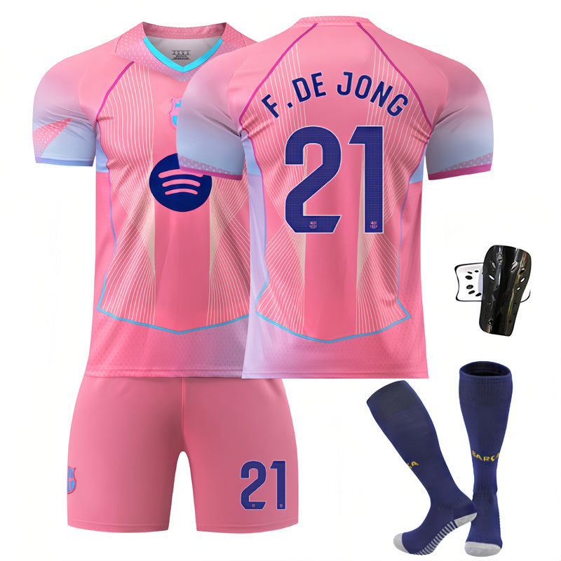 Beakey Barca LaLiga Pink Jersey LAMINE F DE JONG #21 Soccer Jersey Kids Adult 4Pcs Jersey Kits