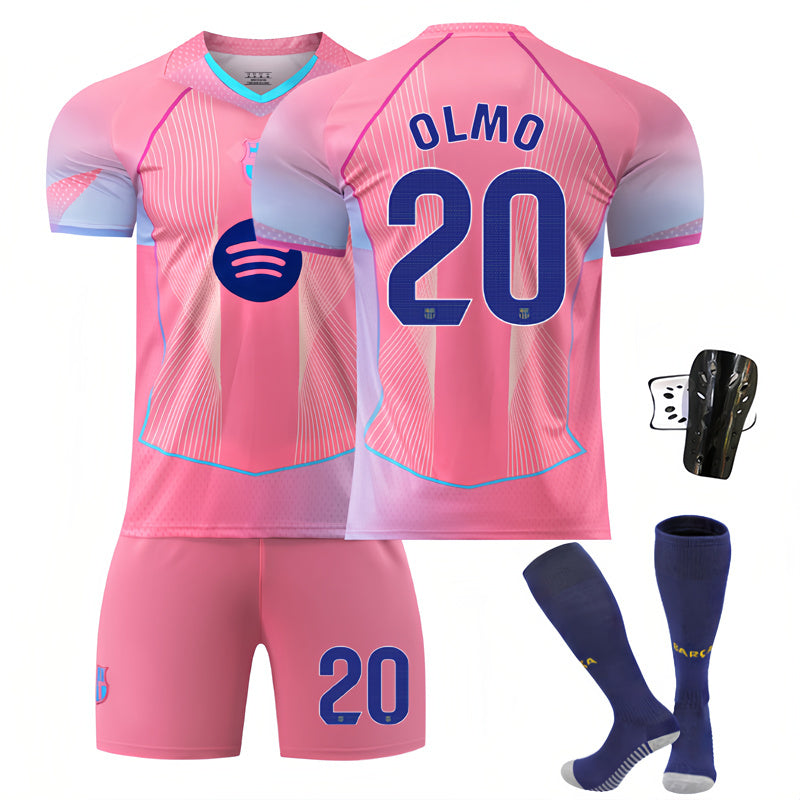 Beakey Barca LaLiga Pink Jersey LAMINE OLMO #20 Soccer Jersey Kids Adult 4Pcs Jersey Kits