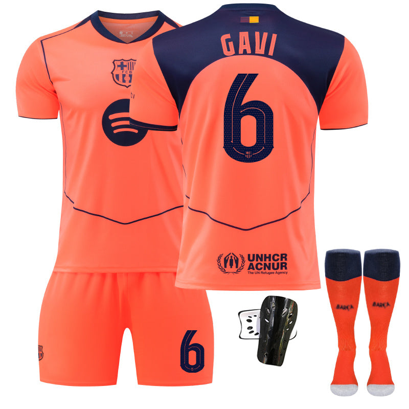Beakey Barca Second Away UEFA Champions League Jersey GAVI #6 Soccer Jersey Kids Adult 4Pcs Jersey Kits