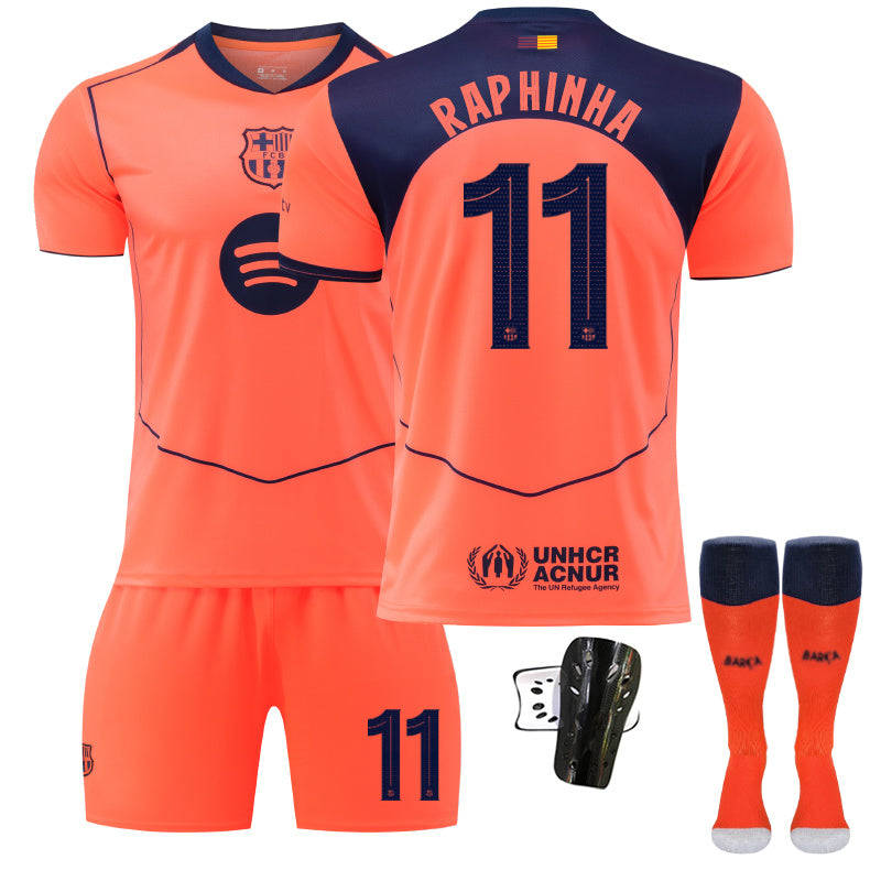 Beakey Barca Second Away UEFA Champions League Jersey RAPHINHA #11 Soccer Jersey Kids Adult 4Pcs Jersey Kits