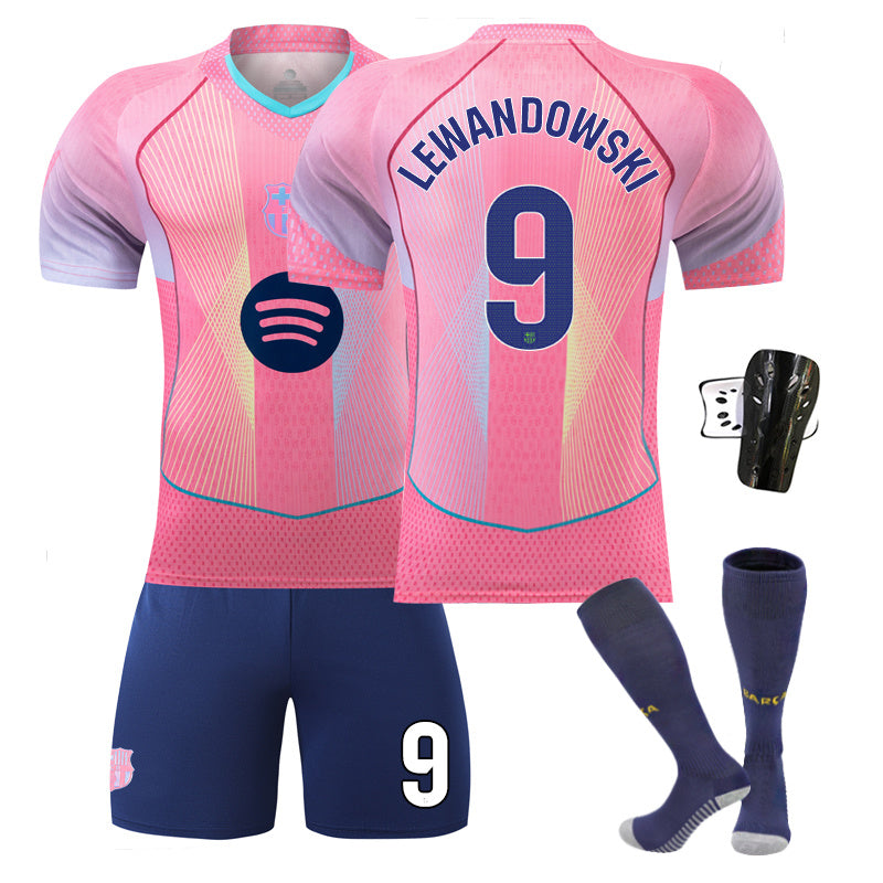 Beakey Barca Gradient Pink Jersey LEWANDOWSKI #9 Soccer Jersey Kids Adult 4Pcs Jersey Kits